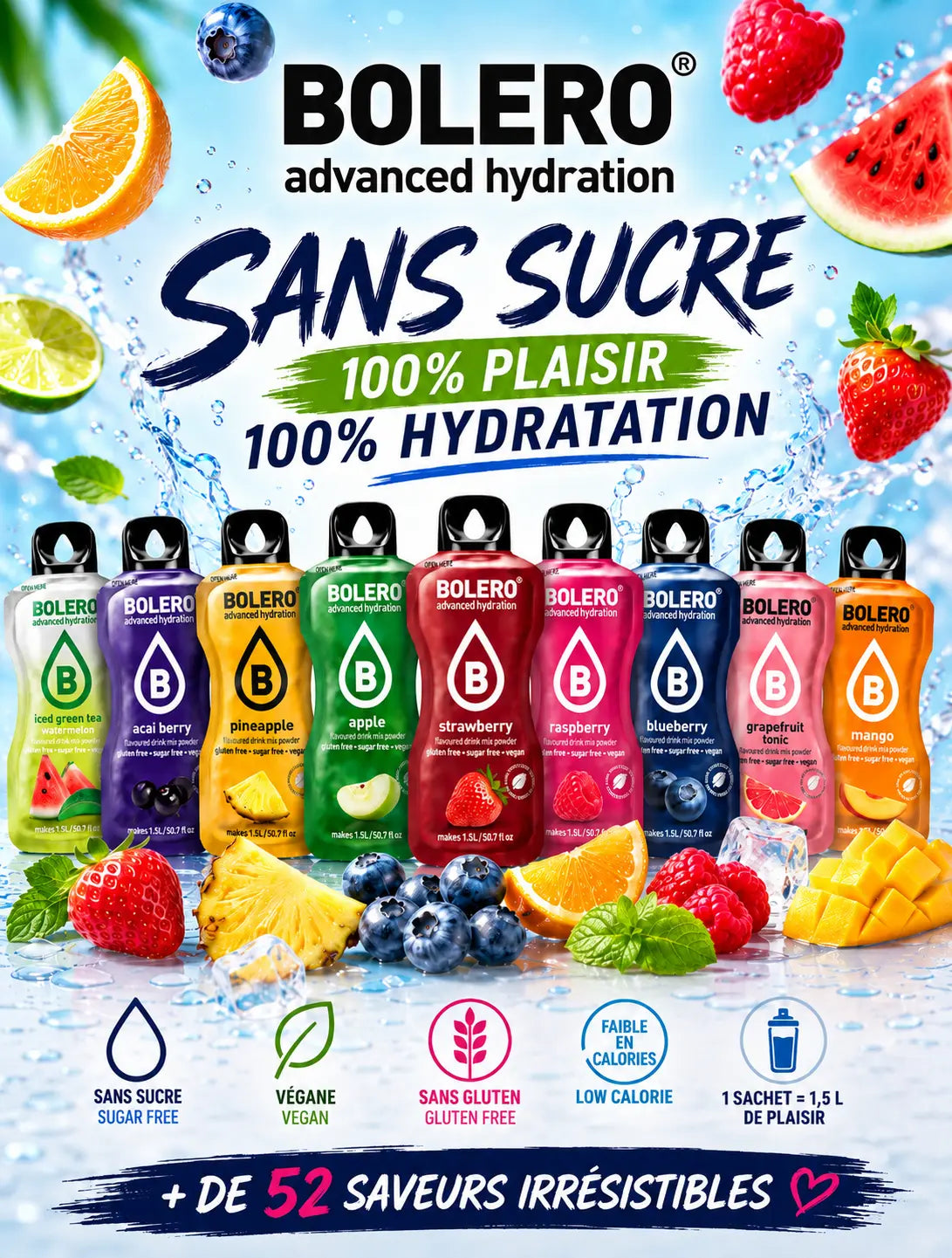 Bolero Advanced Hydration – Boisson en poudre sans sucre à diluer – 9 g pour 1,5 L d’eau La Casa Del José