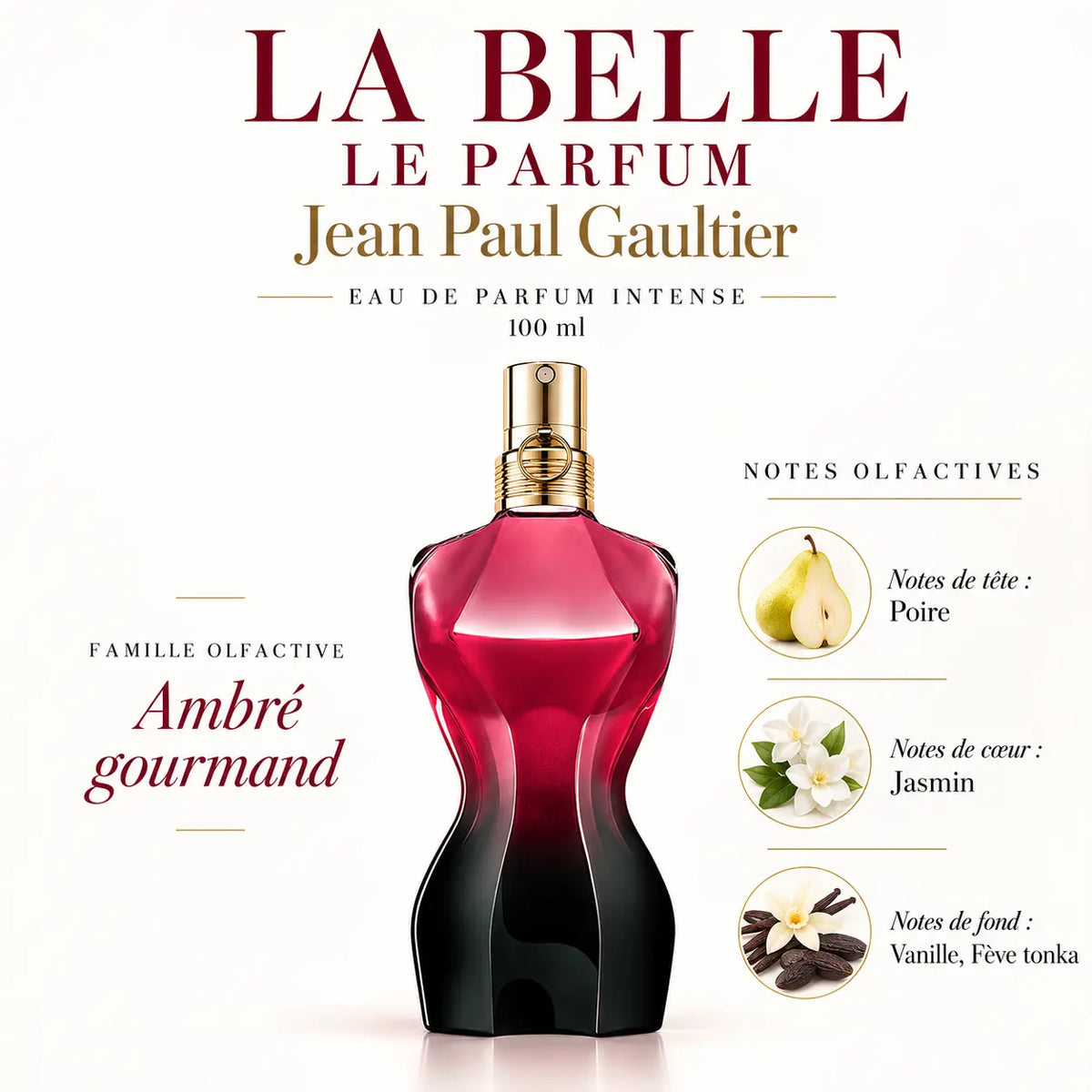 Jean Paul Gaultier La Belle Le Parfum Eau de Parfum Intense Femme 100 ml, flacon rouge et noir, notes de poire, jasmin, vanille et fève tonka