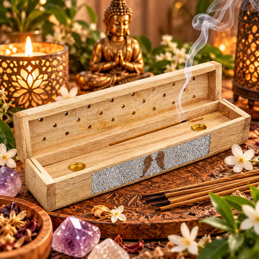 Porte-encens coffret Ailes d'Ange en bois de manguier avec Angélite, couvercle ouvert et rangement pour encens, 31 cm