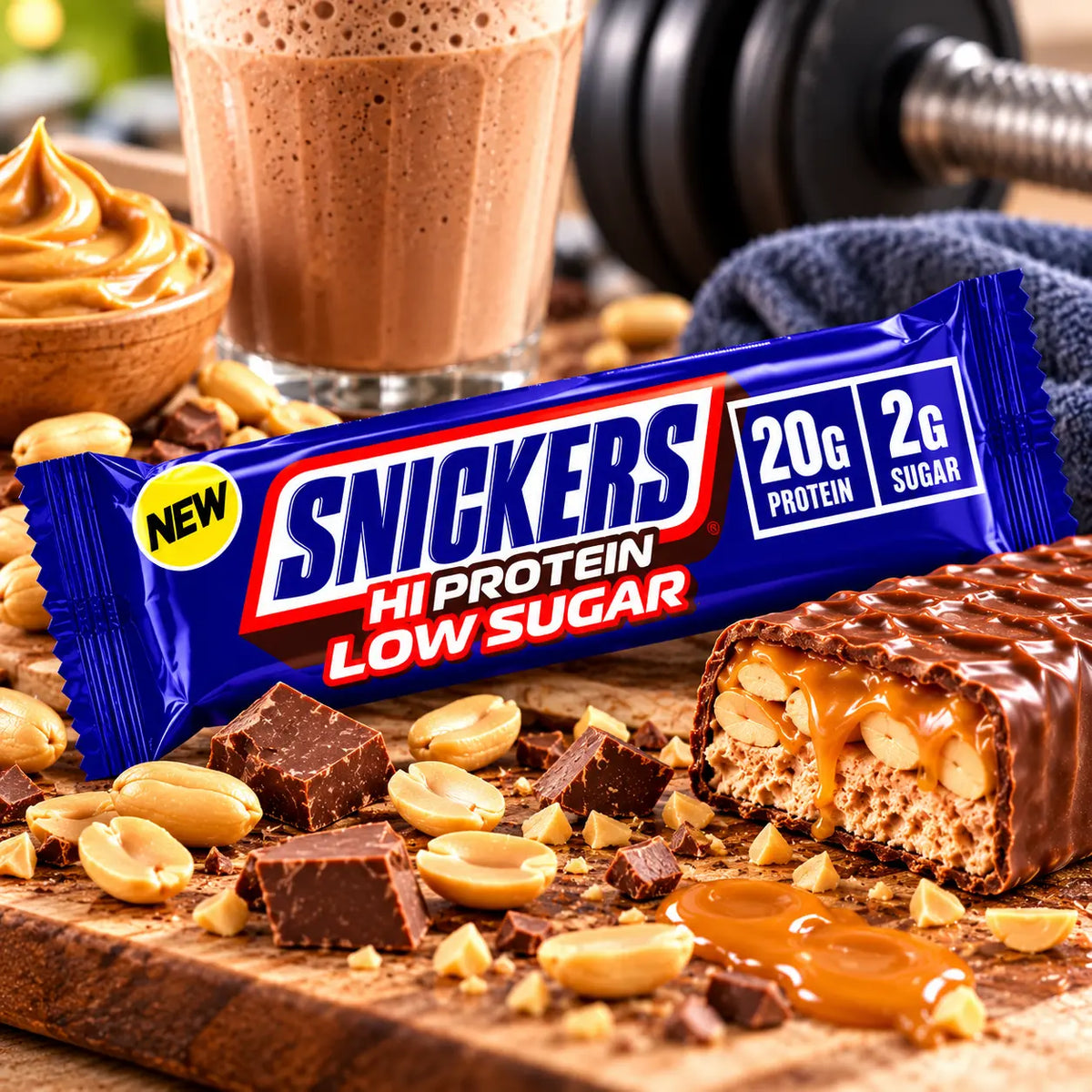 Snickers Hi-Protein Low Sugar, barre protéinée chocolat caramel cacahuètes, 20 g de protéines et 1,9 g de sucres pour 57 g