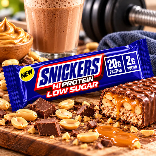 Snickers Hi-Protein Low Sugar, barre protéinée chocolat caramel cacahuètes, 20 g de protéines et 1,9 g de sucres pour 57 g
