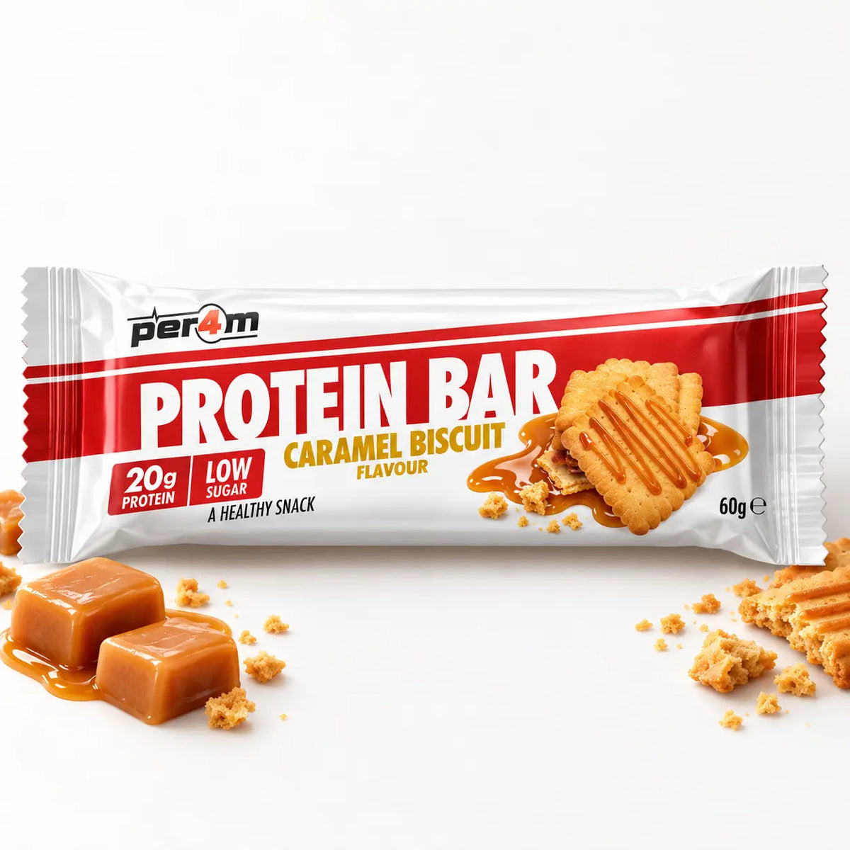 Protein Bar Caramel Biscuit 62 g – Barre protéinée individuelle au chocolat blanc et caramel, 20 g de protéines et 2,1 g de sucres.