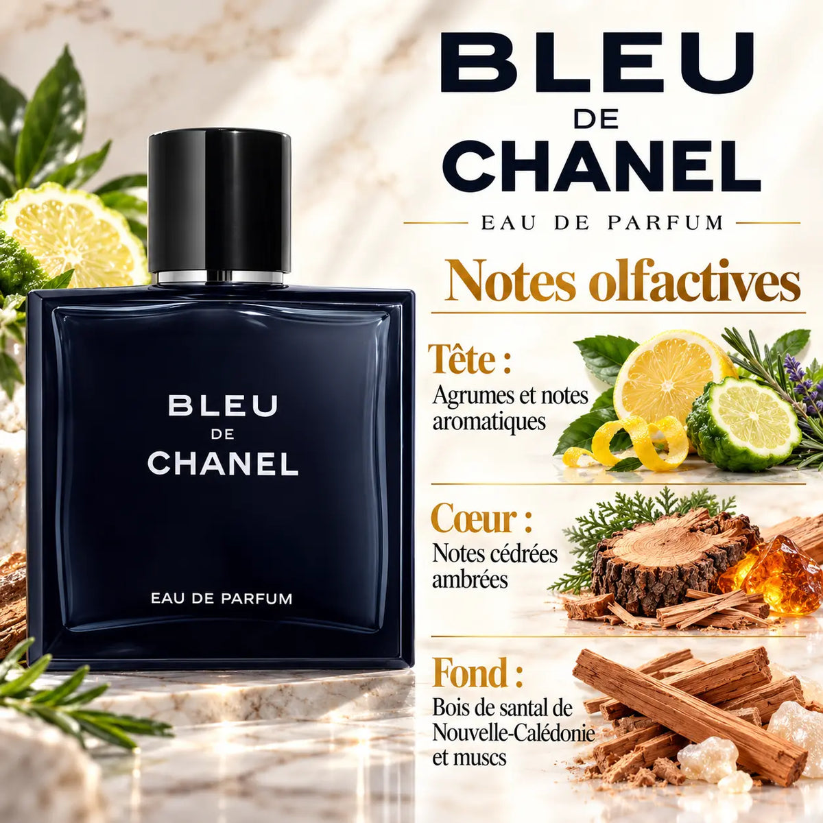 BLEU DE CHANEL Eau de Parfum Homme 100 ml, flacon bleu nuit, notes d'agrumes, accords cèdrés ambrés, bois de santal de Nouvelle-Calédonie et muscs.
