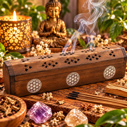 Porte-encens coffret en bois Fleur de Vie Esogifts de 30 cm pour bâtonnets et cônes d'encens