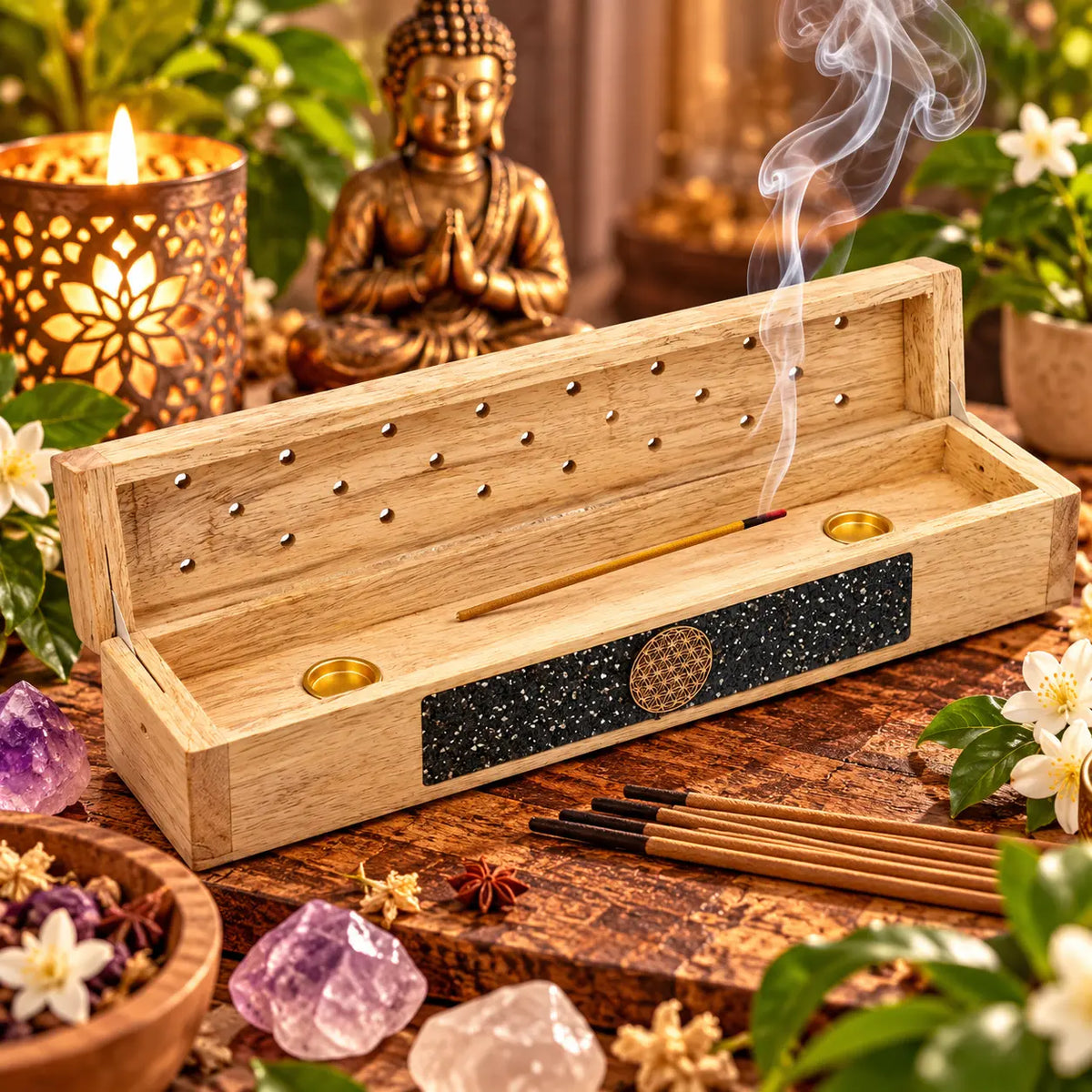 Brûle-encens coffret Fleur de Vie en bois de manguier avec Tourmaline noire et rangement intégré pour bâtonnets et cônes, 31 cm