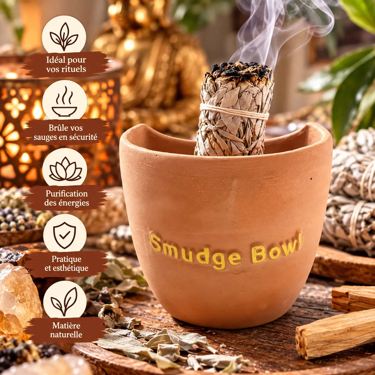 Bol de fumigation en terre cuite de 11 cm de diamètre et 10 cm de hauteur, accessoire pour sauge, Palo Santo et encens