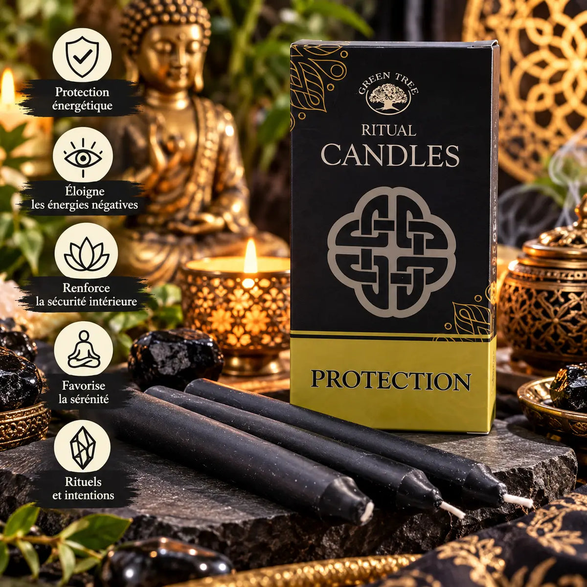 Lot de 10 bougies rituelles Protection Green Tree de 13 cm teintées dans la masse – Bougies ésotériques La Casa del José
