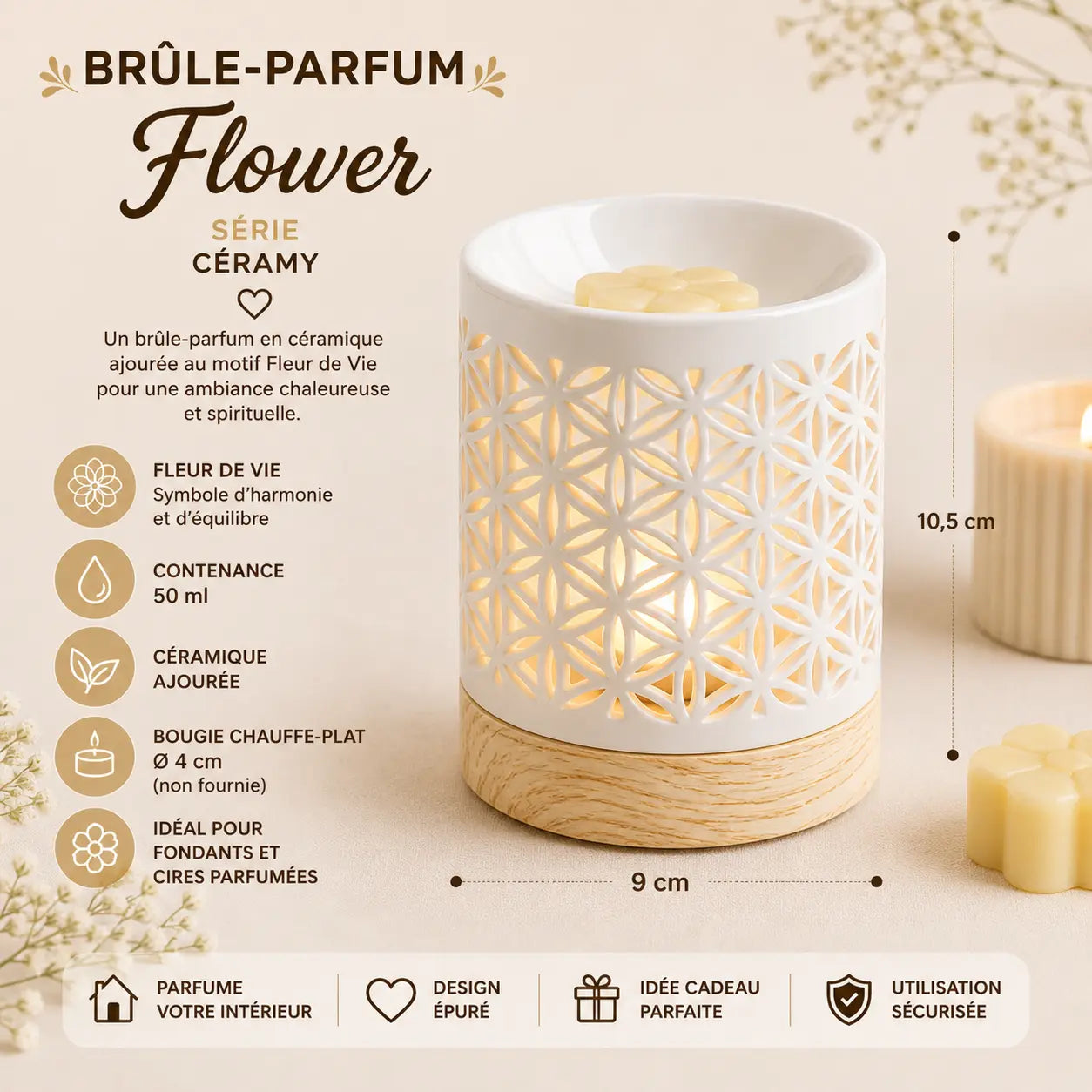 Brûle-parfum Fleur de Vie Flower en céramique blanche ajourée avec base effet bois