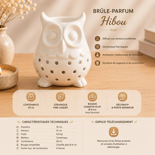 Brûle-parfum Hibou blanc en céramique laquée pour fondants et cires parfumées