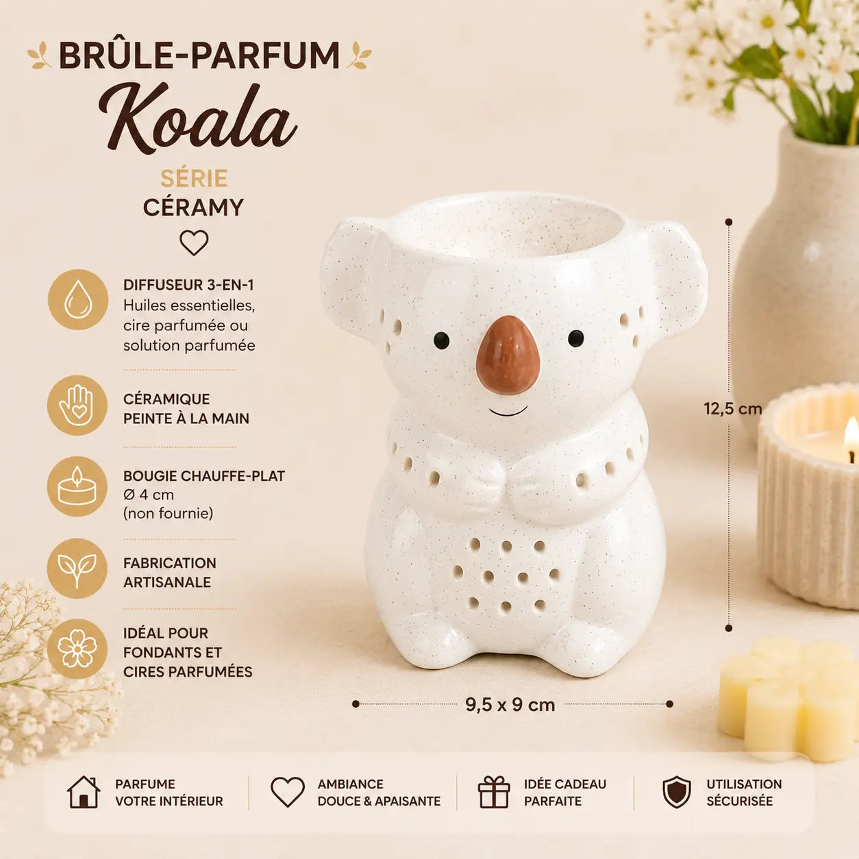 Brûle-parfum Koala Série Céramy en céramique blanche, diffuseur pour fondants, cires parfumées et huiles essentielles