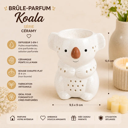 Brûle-parfum Koala Série Céramy en céramique blanche, diffuseur pour fondants, cires parfumées et huiles essentielles