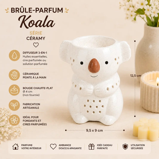 Brûle-parfum Koala Série Céramy en céramique blanche, diffuseur pour fondants, cires parfumées et huiles essentielles