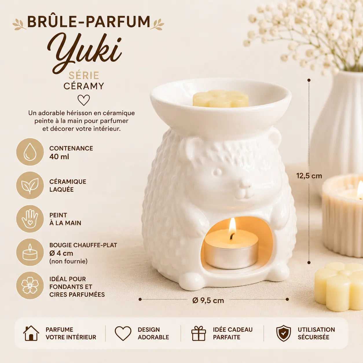 Brûle-parfum hérisson Yuki Série Céramy en céramique blanche pour fondants parfumés