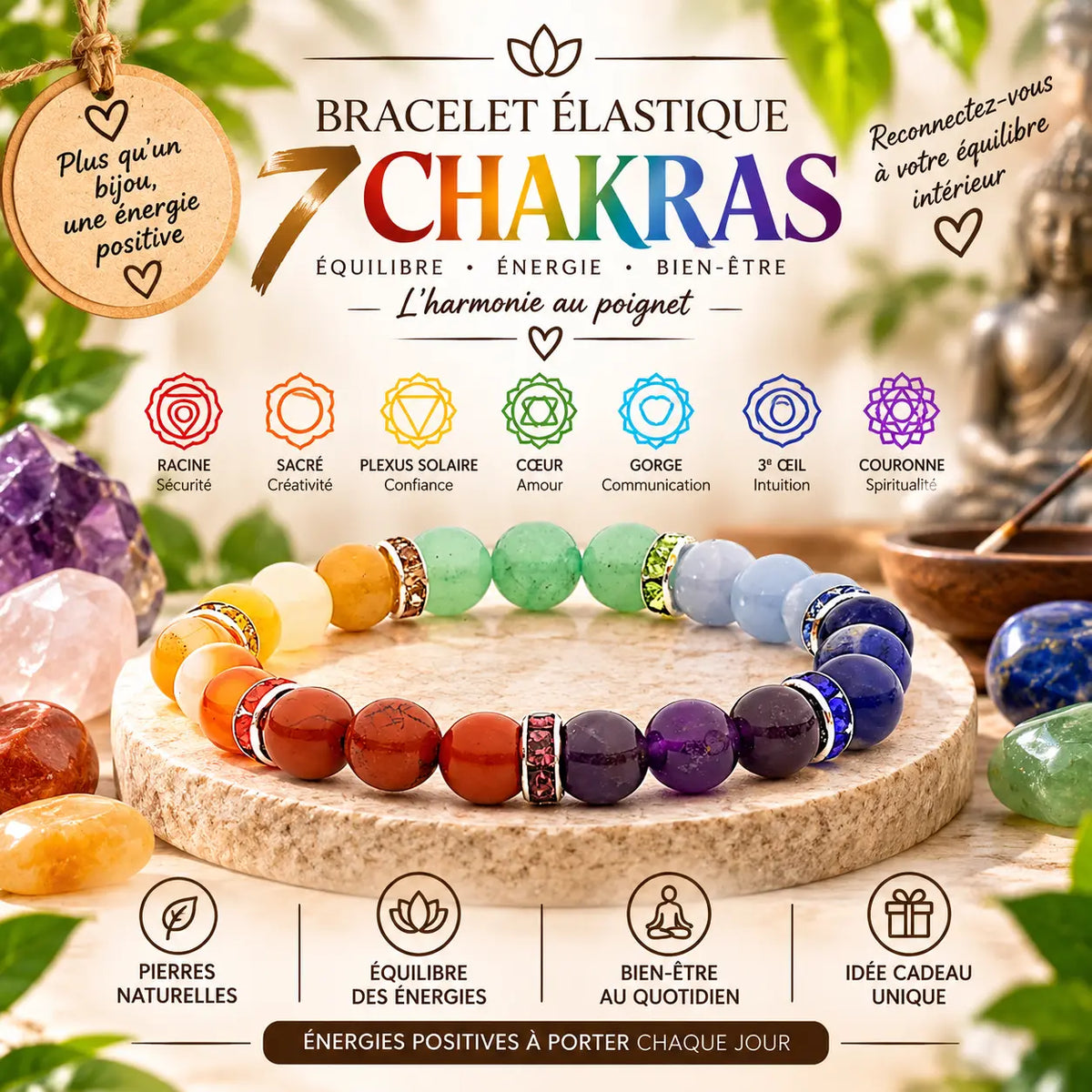 Bracelet élastique 7 chakras en pierres naturelles améthyste sodalite aventurine cornaline jaspe rouge