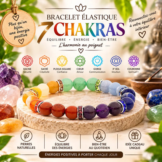 Bracelet élastique 7 chakras en pierres naturelles améthyste sodalite aventurine cornaline jaspe rouge