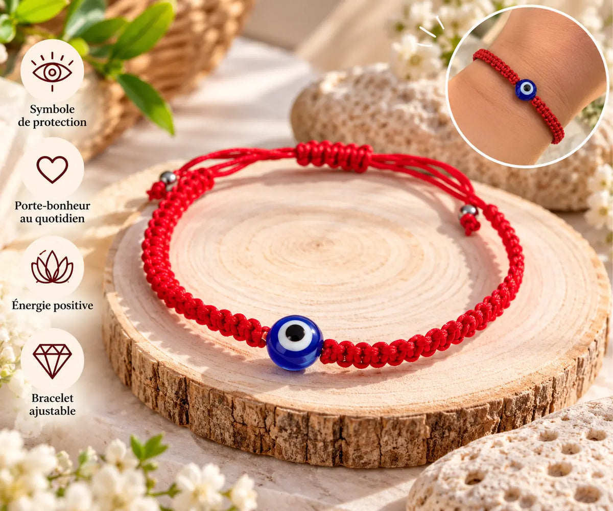 Bracelet rouge tressé ajustable avec œil protecteur bleu Nazar, bijou porte-bonheur symbolisant la protection et la chance – La Casa del José
 Copier le texte ALT
