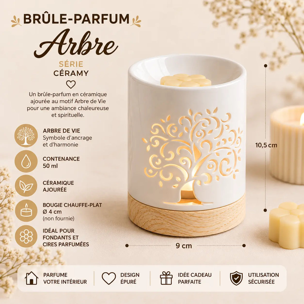 Brûle-parfum Life Tree Série Céramy en céramique ajourée avec motif Arbre de Vie, coupelle 50 ml pour fondants parfumés et bougie chauffe-plat