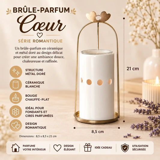 Brûle-parfum Cinco Série Inspiration, support en métal doré, brûleur en céramique blanche ajourée et coupelle amovible en verre de 50 ml, hauteur 21 cm.