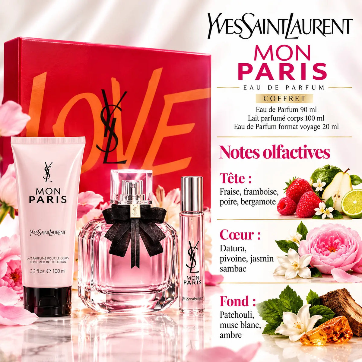Coffret Yves Saint Laurent Mon Paris Femme comprenant Eau de Parfum 90 ml, Eau de Parfum 20 ml et lait parfumé pour le corps 100 ml.