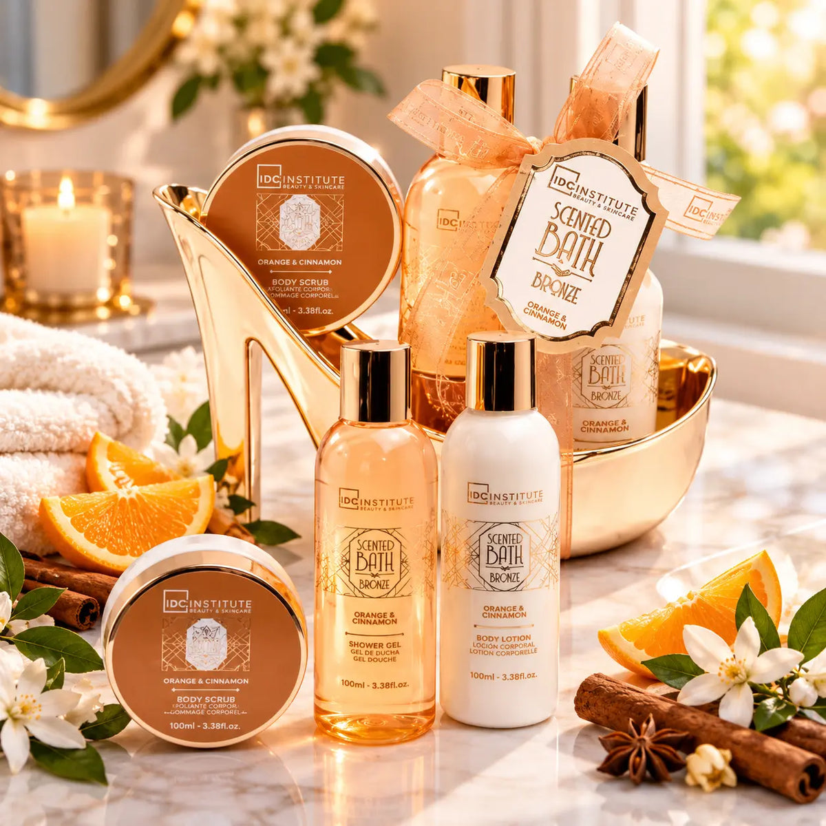 Coffret cadeau IDC Institute Scented Bath Bronze 3 soins Orange Cannelle, gel douche, lotion corps et crème mains, escarpin à talon cuivré