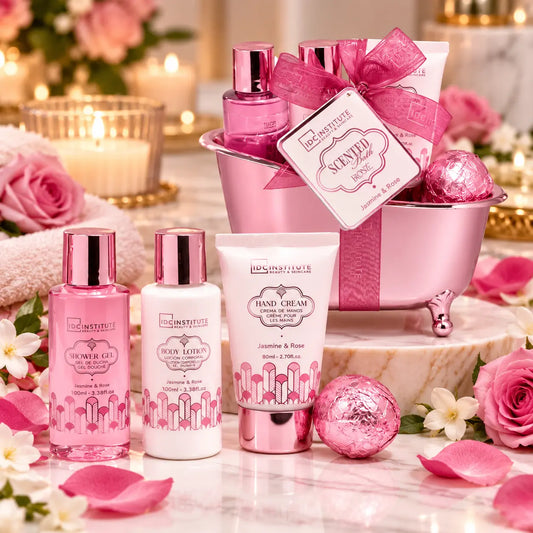 Coffret cadeau IDC Institute Scented Bath Rosé Jasmin et Rose avec 4 soins, gel douche, lotion corps, crème mains et bombe de bain, baignoire rose métallisée Copier le texte ALT