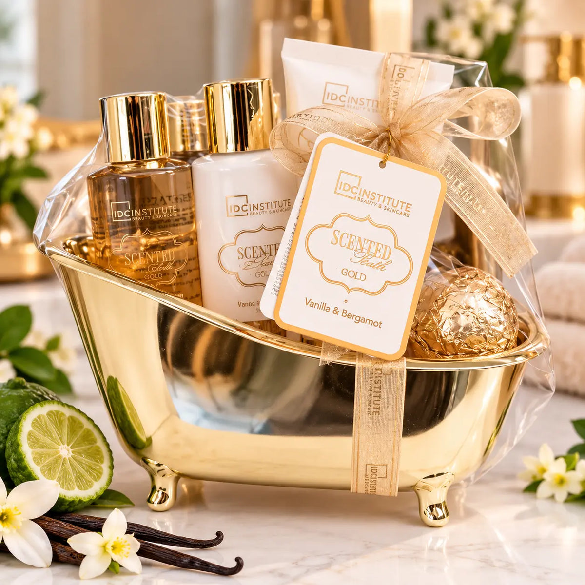 Coffret Cadeau IDC Institute Scented Bath Gold – Vanille & Bergamote – Baignoire Dorée – 4 Soins DC Institute
