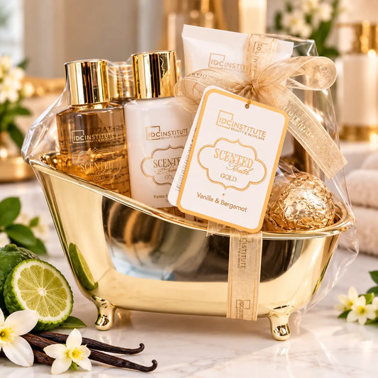 Coffret Cadeau IDC Institute Scented Bath Gold – Vanille & Bergamote – Baignoire Dorée – 4 Soins DC Institute
