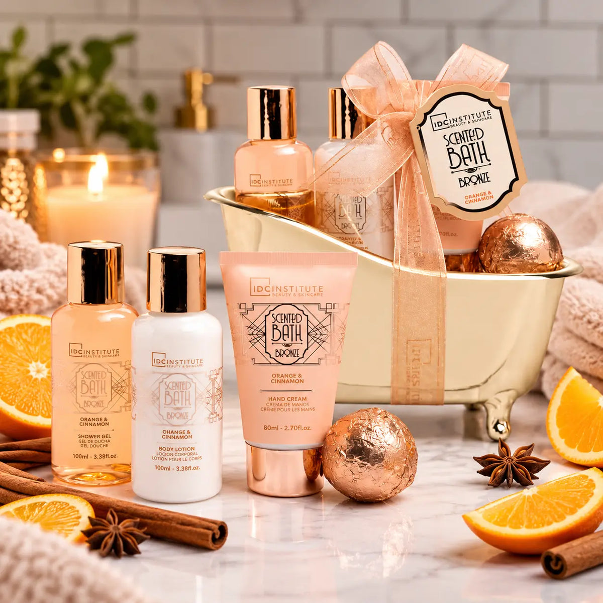 Coffret cadeau IDC Institute Scented Bath Bronze 3 soins Orange Cannelle, gel douche, lotion corps et crème mains, escarpin à talon cuivré