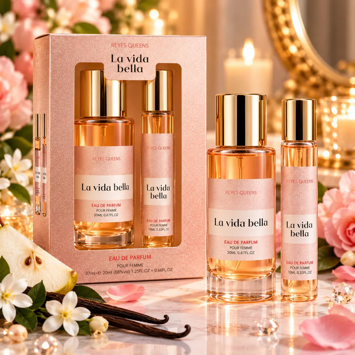 Coffret parfum femme LA VIDA BELLA Reyes Queens avec deux flacons de 37 ml et 20 ml, fragrance féminine d'inspiration florale et gourmande