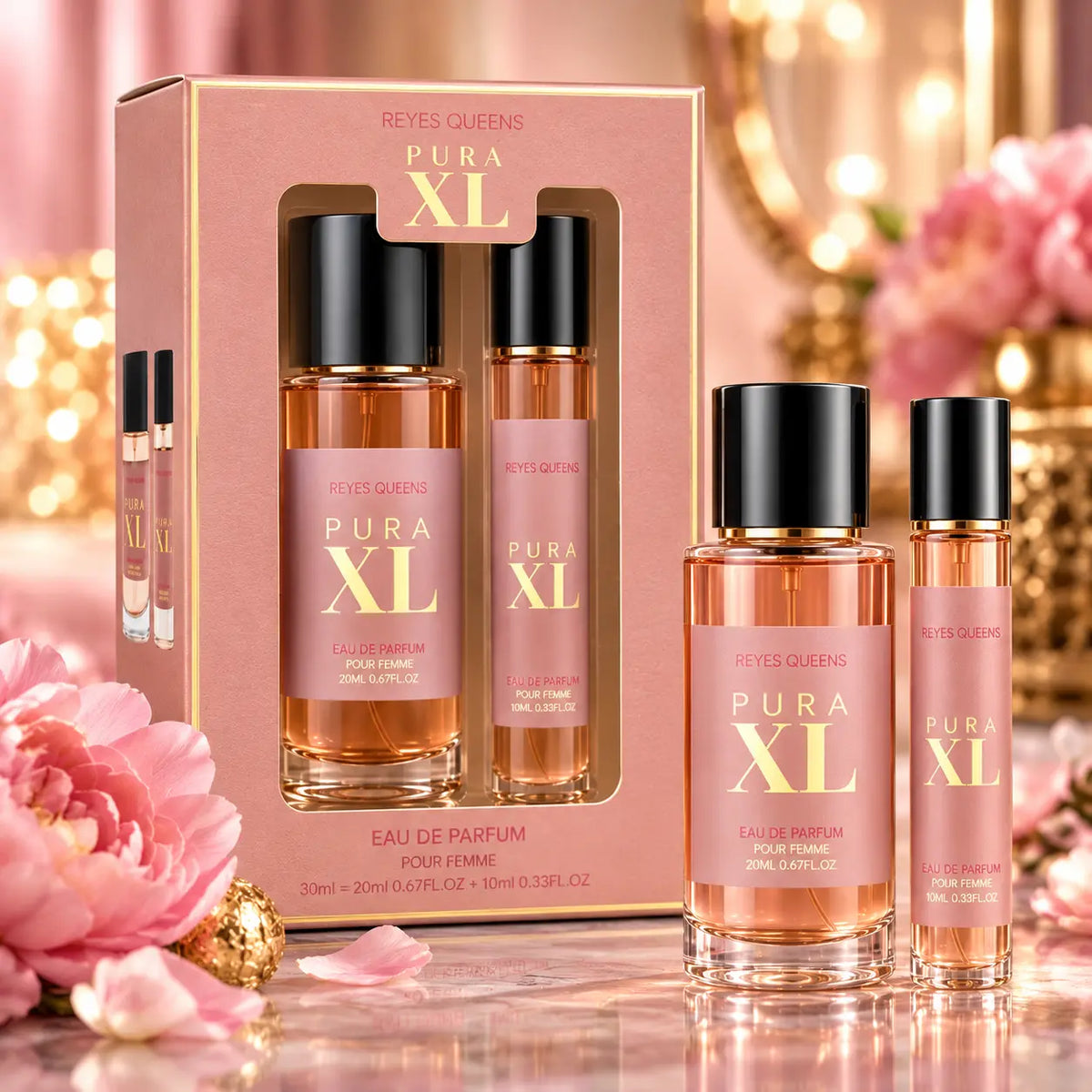 Coffret parfum femme PURA XL Reyes Queens avec deux flacons de 37 ml et 20 ml