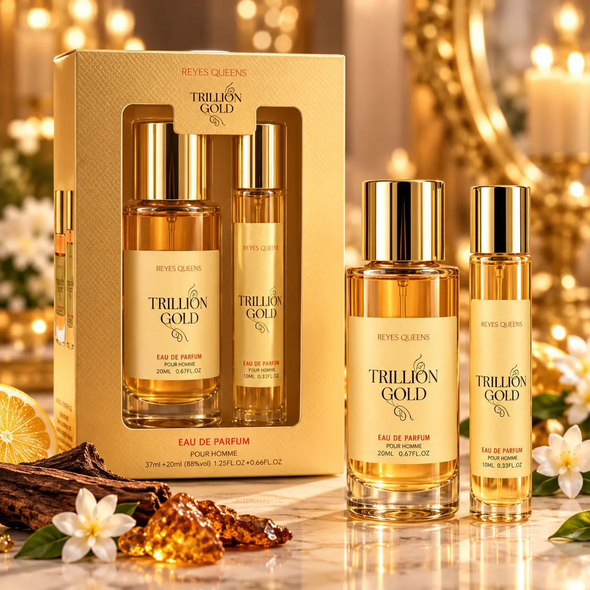 Coffret parfum homme TRILLON GOLD Reyes Queens avec deux flacons de 37 ml et 20 ml, fragrance masculine d'inspiration boisée et épicée