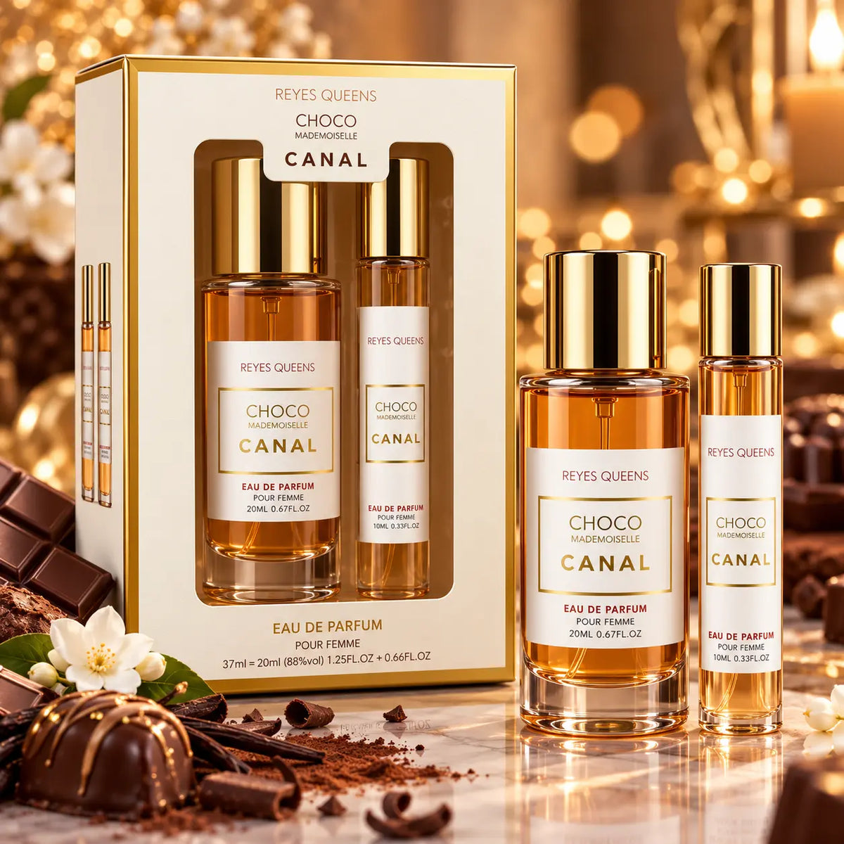 Coffret parfum femme CHOCO MADEMOISELLE Reyes Queens avec deux flacons de 37 ml et 20 ml