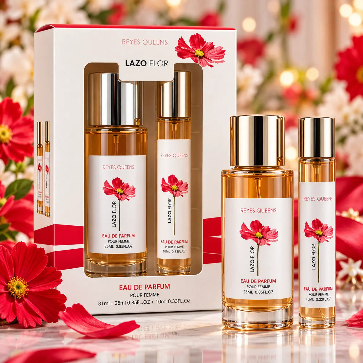 Coffret parfum femme LAZO FLOR Reyes Queens avec deux flacons de 37 ml et 20 ml, fragrance féminine d'inspiration florale et poudrée