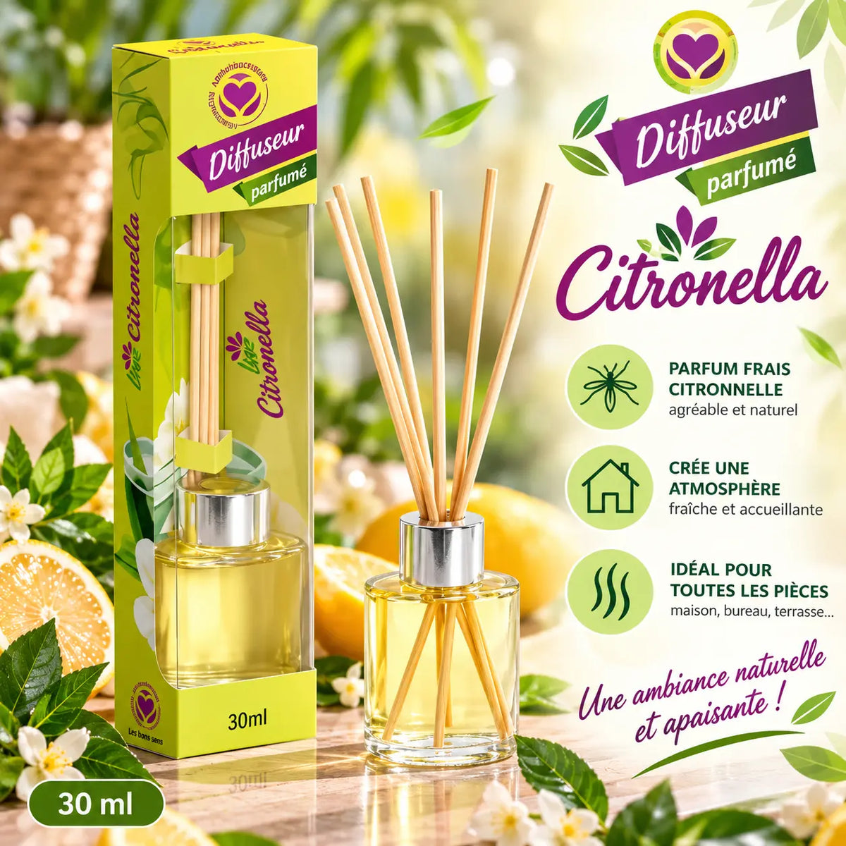 Mikado Setablu Citronnelle 30 ml – Diffuseur de parfum d'intérieur à bâtonnets, senteur fraîche, citronnée et végétale.