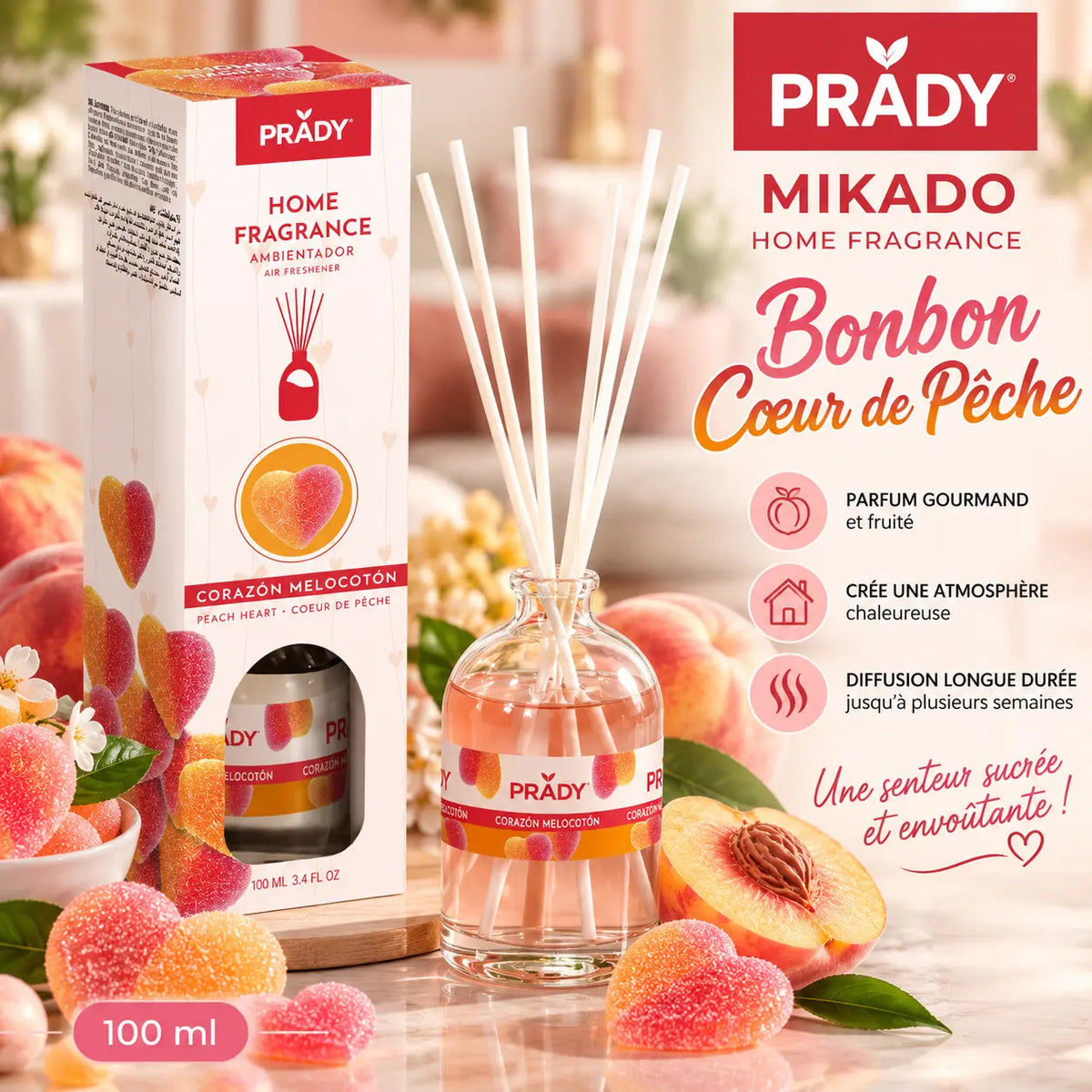 Diffuseur Mikado Prady Bonbon Cœur de Pêche 100 ml avec bâtonnets, flacon transparent et boîte aux motifs de bonbons à la pêche.