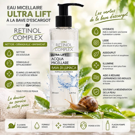 Eau Micellaire Ultra Lift à la bave d’escargot Retinol Complex 200 ml nettoyant visage