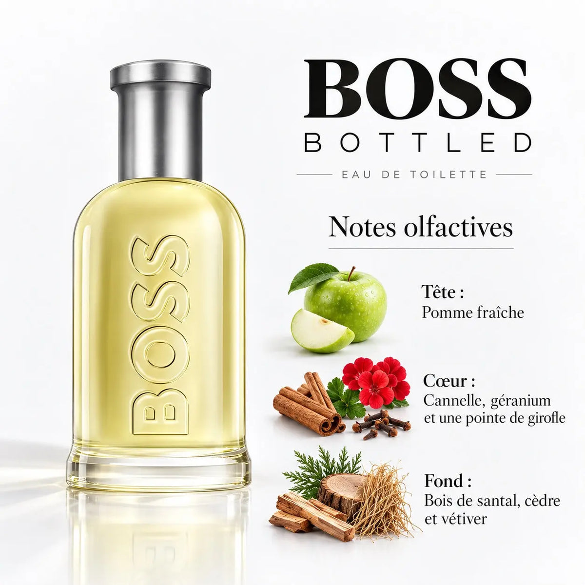 Hugo Boss BOSS Bottled Eau de Toilette Homme 100 ml, flacon de parfum masculin aux notes de pomme, cannelle, santal et cèdre