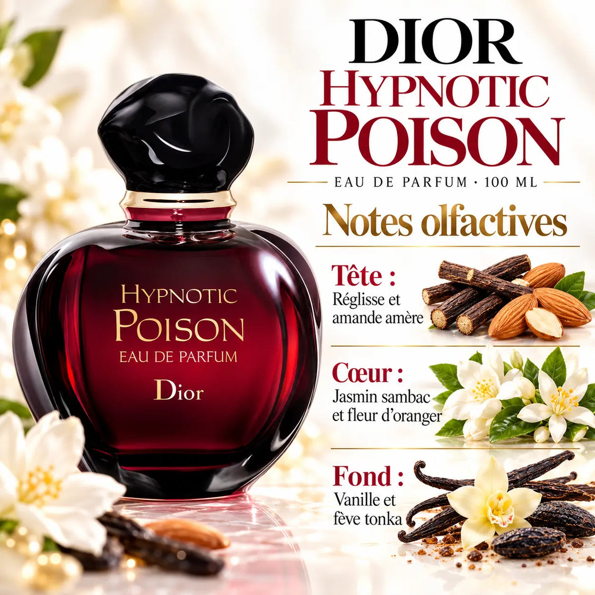 Dior Hypnotic Poison Eau de Parfum Femme 100 ml, flacon rouge profond au bouchon noir, notes de réglisse, amande amère, jasmin, fleur d'oranger, vanille et fève tonka.