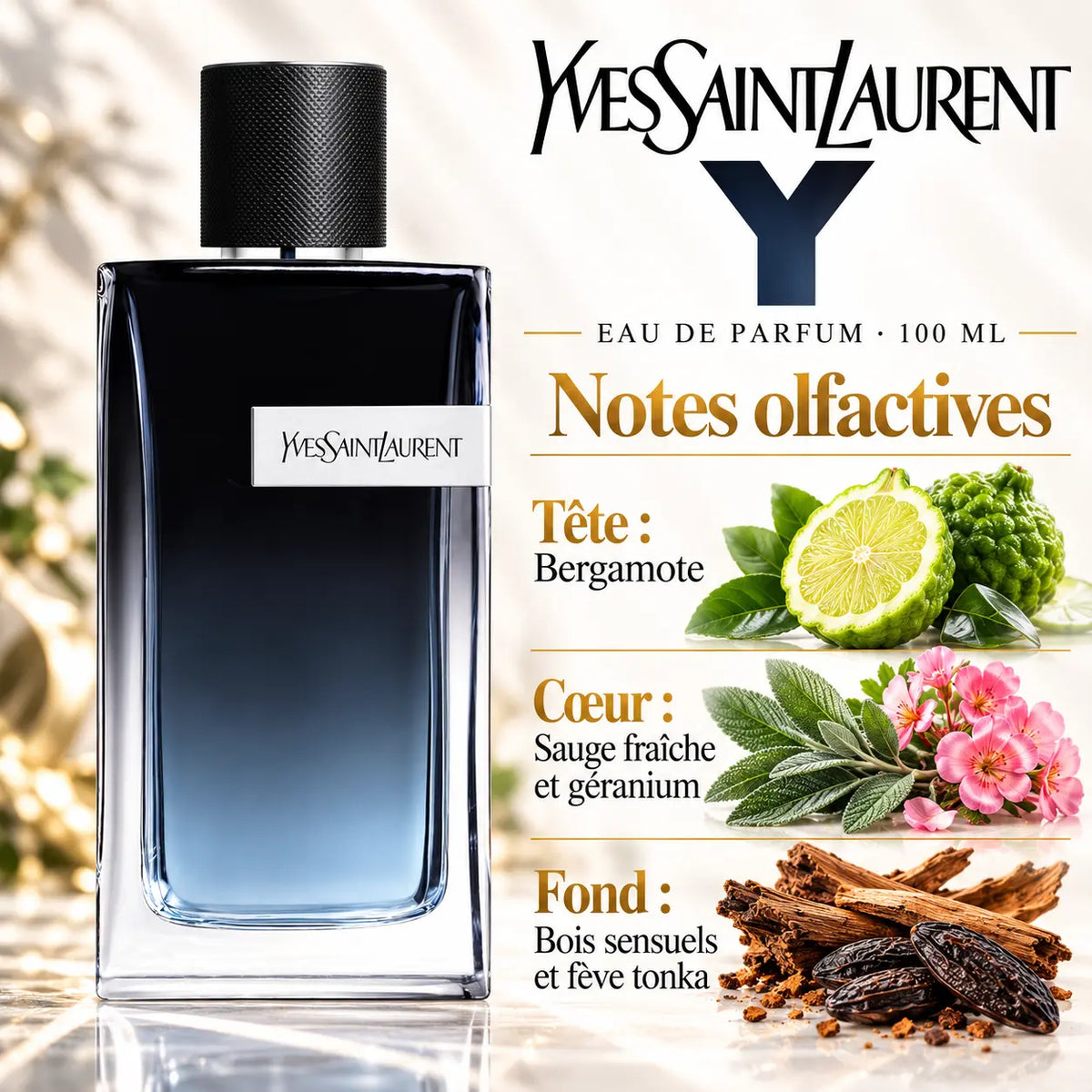 Yves Saint Laurent Y Eau de Parfum Homme 100 ml, flacon bleu nuit dégradé, notes de bergamote, sauge fraîche, géranium, bois sensuels et fève tonka.