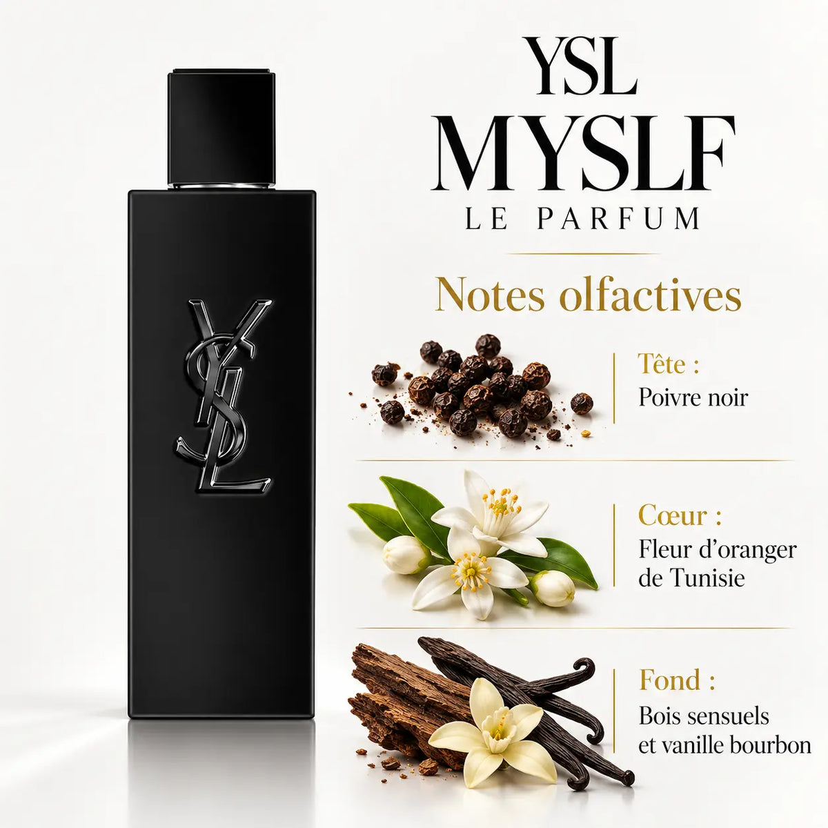 Yves Saint Laurent MYSLF Le Parfum Homme 100 ml, flacon noir YSL, notes de poivre noir, fleur d'oranger de Tunisie, bois sensuels et vanille Bourbon.