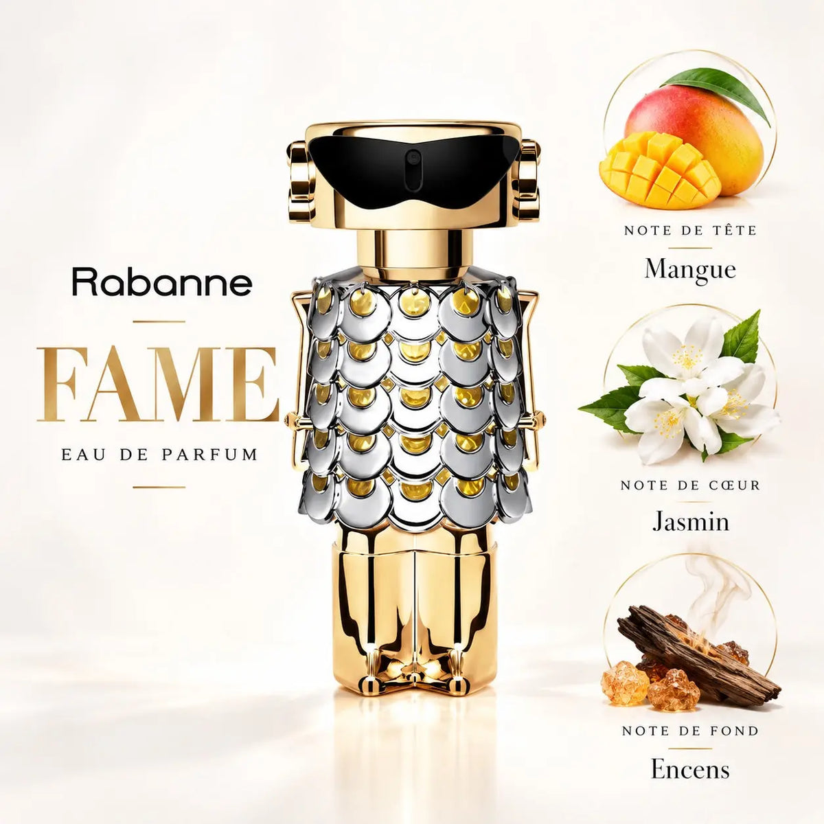 Rabanne FAME Eau de Parfum Femme, flacon doré et argenté, notes olfactives de mangue, jasmin et encens