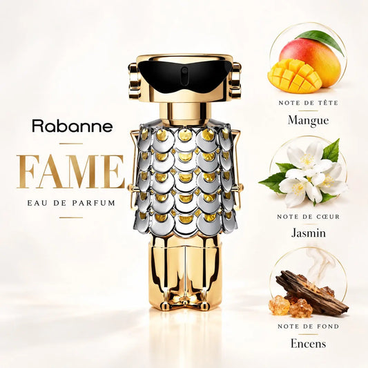 Rabanne FAME Eau de Parfum Femme, flacon doré et argenté, notes olfactives de mangue, jasmin et encens