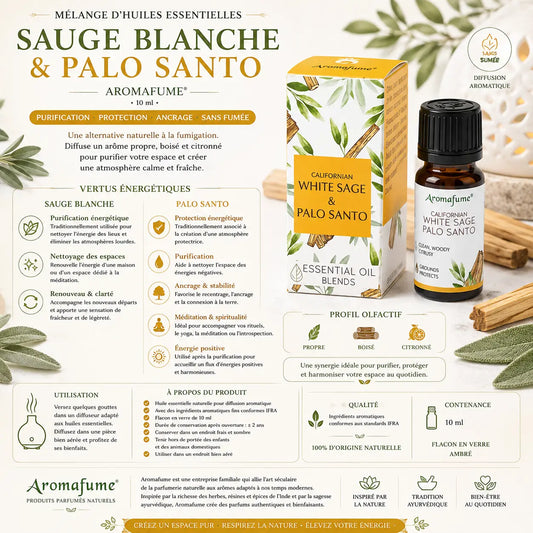 Mélange d’huiles essentielles Sauge Blanche de Californie et Palo Santo Aromafume 10 ml avec flacon et boîte