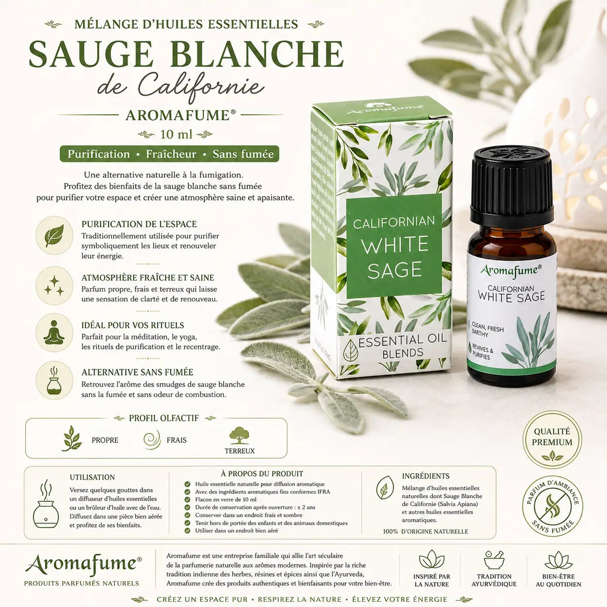 Mélange d’huiles essentielles Sauge Blanche de Californie Aromafume 10 ml avec flacon et boîte