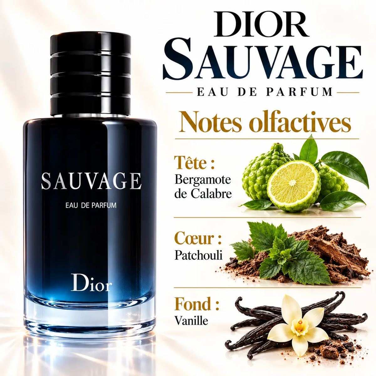 Dior Sauvage Eau de Parfum Homme 100 ml, flacon bleu nuit, parfum aux notes de bergamote de Calabre, patchouli et vanille.