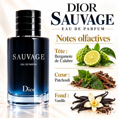 Dior Sauvage Eau de Parfum Homme 100 ml, flacon bleu nuit, parfum aux notes de bergamote de Calabre, patchouli et vanille.