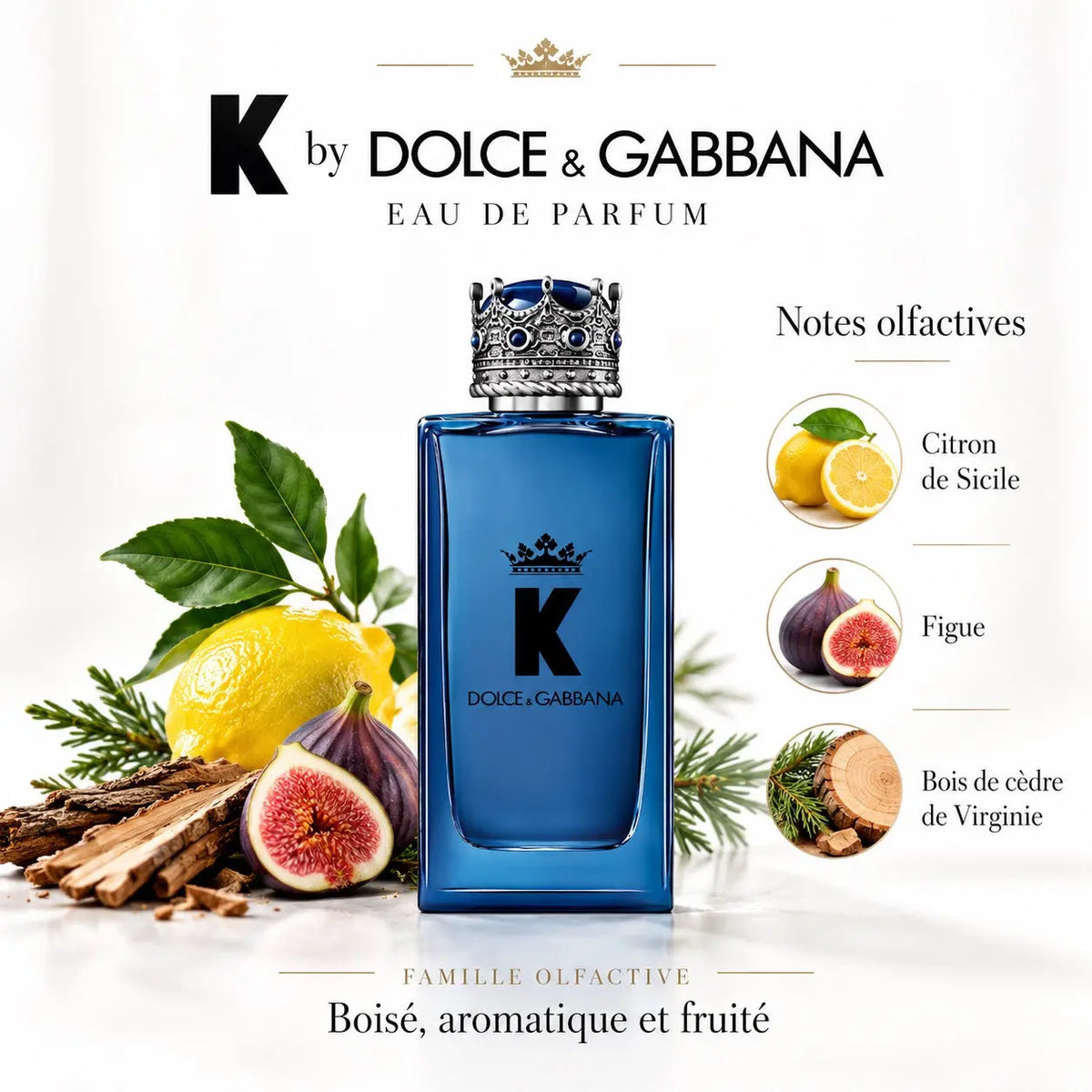 K by Dolce & Gabbana Eau de Parfum Homme 100 ml, flacon bleu avec couronne, notes de citron de Sicile, figue et cèdre
