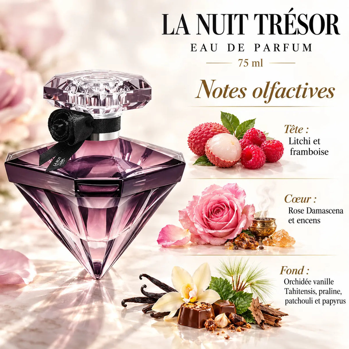 Lancôme La Nuit Trésor Eau de Parfum Femme 75 ml, flacon diamant rosé avec rose noire, notes de litchi, framboise, rose de Damas, vanille et praline