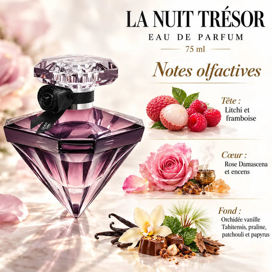 Lancôme La Nuit Trésor Eau de Parfum Femme 75 ml, flacon diamant rosé avec rose noire, notes de litchi, framboise, rose de Damas, vanille et praline