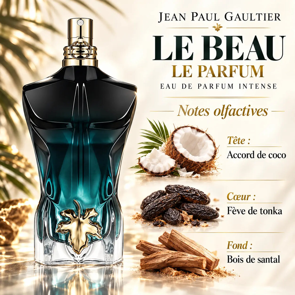 Jean Paul Gaultier Le Beau Le Parfum Eau de Parfum Intense Homme 125 ml, flacon buste noir et bleu-vert, notes de coco, fève tonka et santal